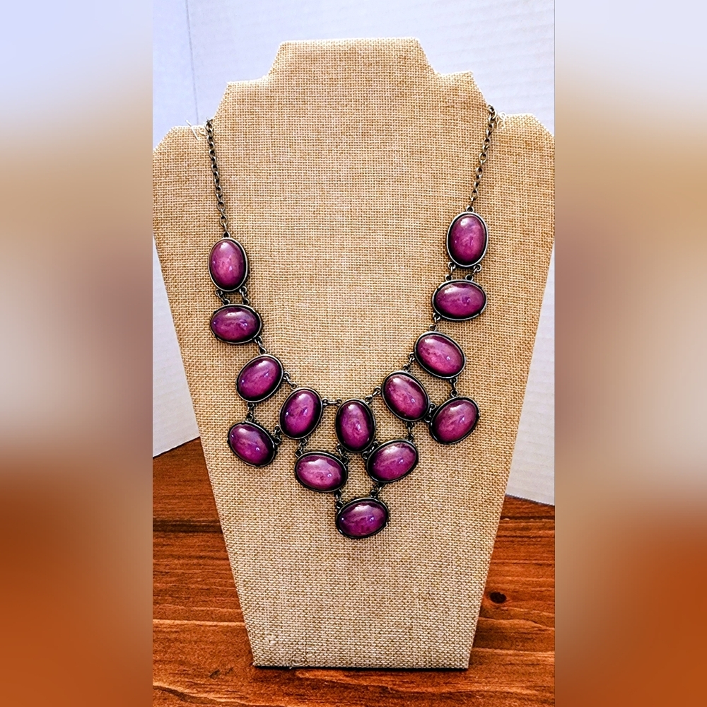 New York & Company Purple Oval Cabochon Statement Necklace w/ Gun Metal Tone